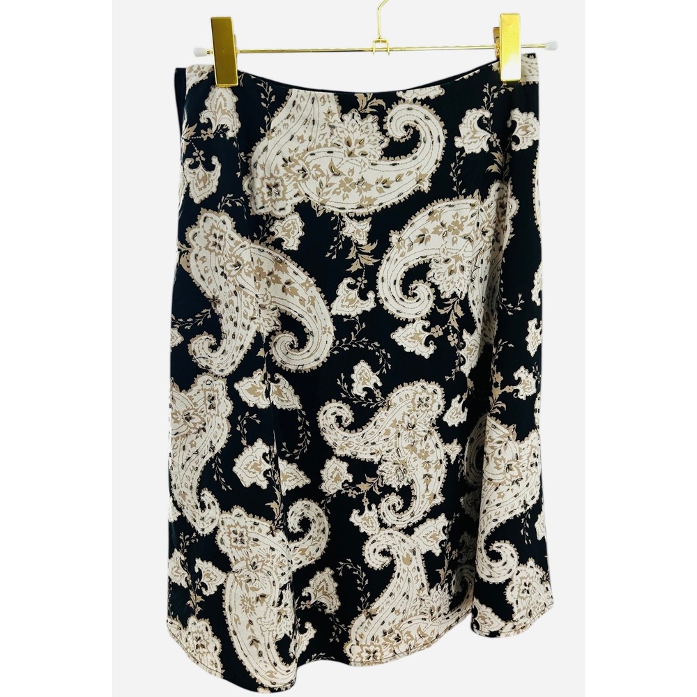 White House Black Market Black Beige Paisley Beaded Midi Skirt Size 2